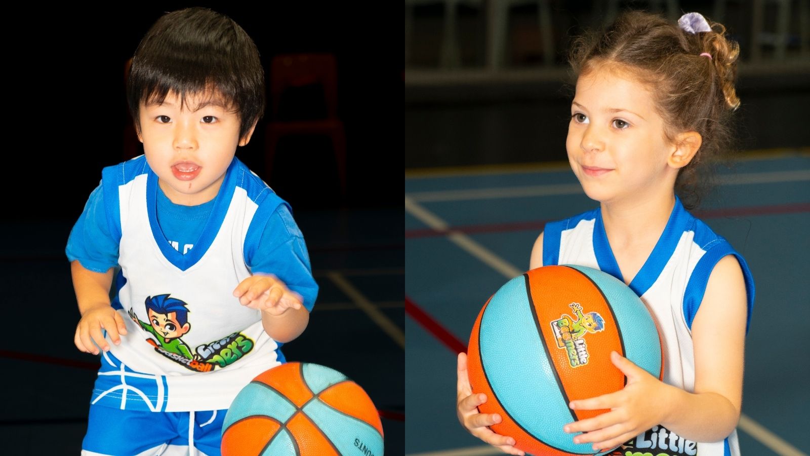 Professional basketball coach mentoring a 5-year-old boy during a Mini Boomers class, focusing on instructional listening skills and court confidence.