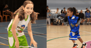 Kids playing basketball on an indoor court during a Little Boomers Basketball session