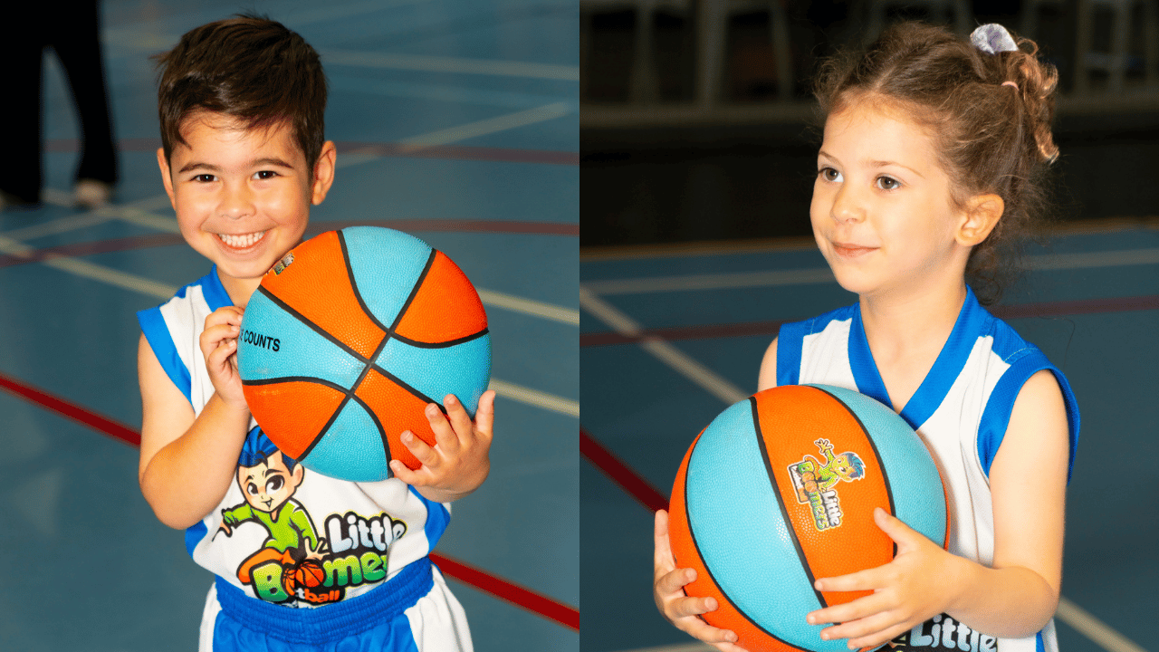 Kids enjoying a basketball birthday party with a Little Boomers coach
